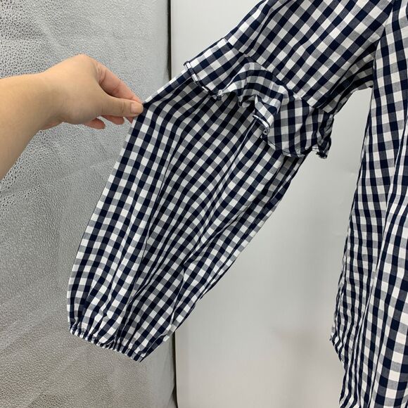 Splendid Blouse Womens L Large Navy Gingham Check Ruffled Sleeve Tassel Tie Top - Picture 5 of 13